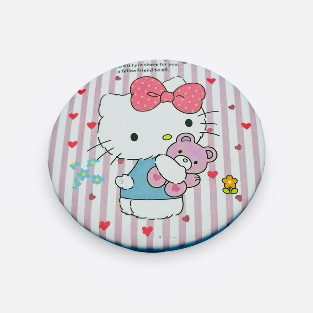 Sanrio Hello Kitty Compact Mirror Pink White Stripe Teddy Bear Dual Sided